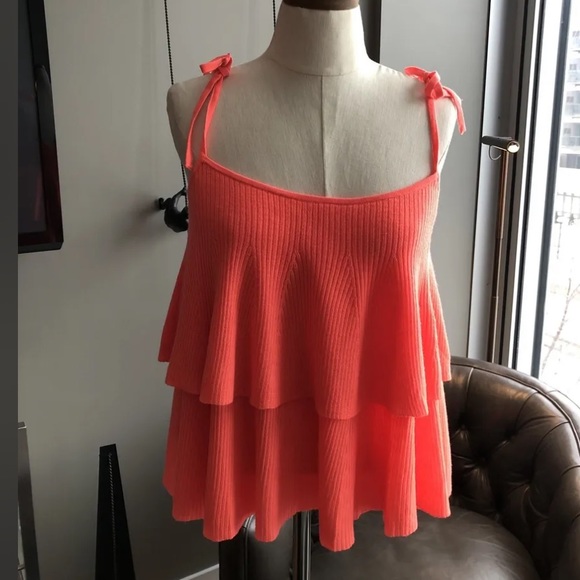New J. Crew Merino Wool Tiered Top in Neon Flame Size Medium - Picture 2 of 5
